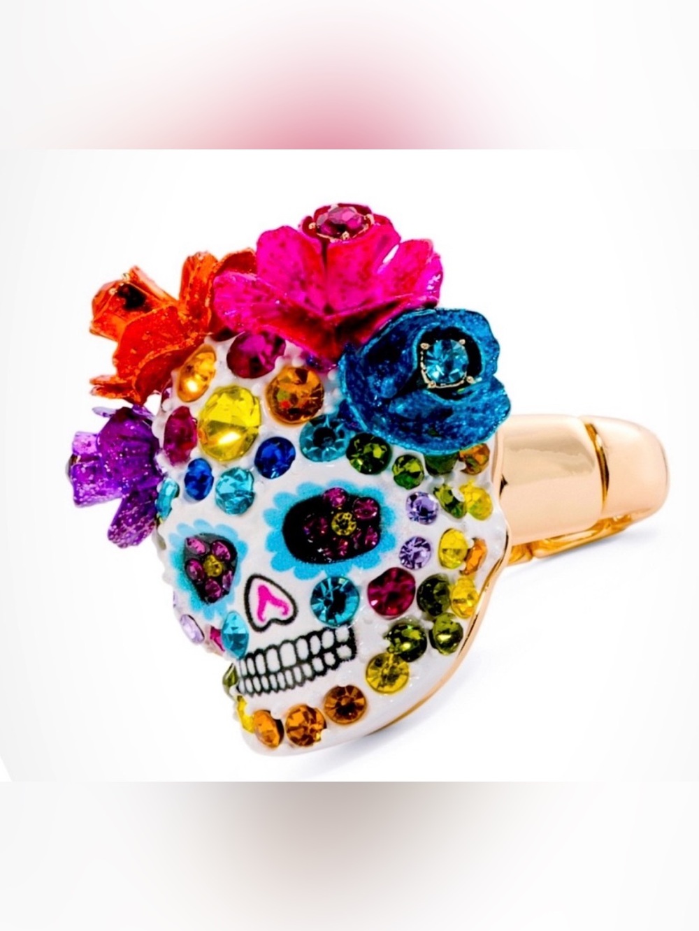 NWT BETSEY JOHNSON Gorgeous Multi Pave Crystal Sugar Skull Stretch Ring